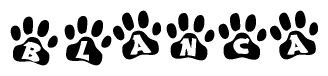 The image shows a series of animal paw prints arranged in a horizontal line. Each paw print contains a letter, and together they spell out the word Blanca.