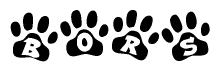 The image shows a series of animal paw prints arranged in a horizontal line. Each paw print contains a letter, and together they spell out the word Bors.
