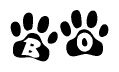 The image shows a row of animal paw prints, each containing a letter. The letters spell out the word Bo within the paw prints.