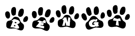 The image shows a row of animal paw prints, each containing a letter. The letters spell out the word Bengt within the paw prints.