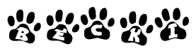 The image shows a series of animal paw prints arranged in a horizontal line. Each paw print contains a letter, and together they spell out the word Becki.