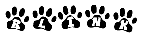 The image shows a series of animal paw prints arranged in a horizontal line. Each paw print contains a letter, and together they spell out the word Blink.
