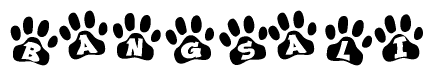 The image shows a series of animal paw prints arranged in a horizontal line. Each paw print contains a letter, and together they spell out the word Bangsali.