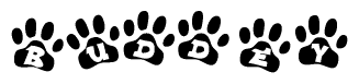 The image shows a series of animal paw prints arranged horizontally. Within each paw print, there's a letter; together they spell Buddey