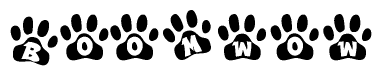 The image shows a row of animal paw prints, each containing a letter. The letters spell out the word Boomwow within the paw prints.