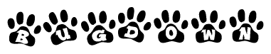 The image shows a series of animal paw prints arranged horizontally. Within each paw print, there's a letter; together they spell Bugdown