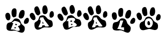 The image shows a series of animal paw prints arranged horizontally. Within each paw print, there's a letter; together they spell Babalo