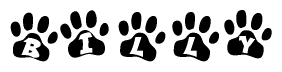 The image shows a row of animal paw prints, each containing a letter. The letters spell out the word Billy within the paw prints.