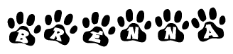 The image shows a series of animal paw prints arranged horizontally. Within each paw print, there's a letter; together they spell Brenna