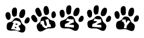The image shows a row of animal paw prints, each containing a letter. The letters spell out the word Buzzy within the paw prints.
