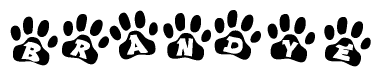 The image shows a row of animal paw prints, each containing a letter. The letters spell out the word Brandye within the paw prints.
