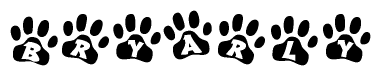 The image shows a series of animal paw prints arranged in a horizontal line. Each paw print contains a letter, and together they spell out the word Bryarly.