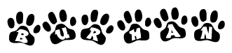 The image shows a row of animal paw prints, each containing a letter. The letters spell out the word Burhan within the paw prints.