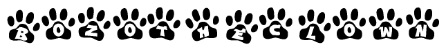 The image shows a series of animal paw prints arranged horizontally. Within each paw print, there's a letter; together they spell Bozotheclown