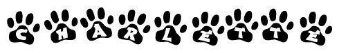 The image shows a row of animal paw prints, each containing a letter. The letters spell out the word Charlette within the paw prints.