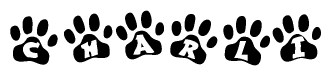 The image shows a series of animal paw prints arranged in a horizontal line. Each paw print contains a letter, and together they spell out the word Charli.