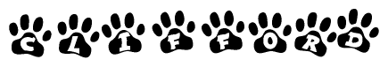 The image shows a series of animal paw prints arranged horizontally. Within each paw print, there's a letter; together they spell Clifford