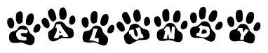 The image shows a row of animal paw prints, each containing a letter. The letters spell out the word Calundy within the paw prints.