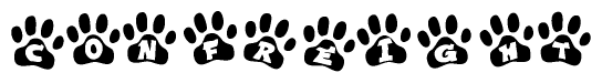 The image shows a series of animal paw prints arranged horizontally. Within each paw print, there's a letter; together they spell Confreight