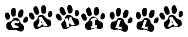 The image shows a series of animal paw prints arranged in a horizontal line. Each paw print contains a letter, and together they spell out the word Camilla.