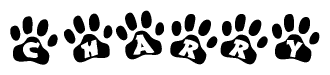 The image shows a series of animal paw prints arranged horizontally. Within each paw print, there's a letter; together they spell Charry