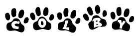 The image shows a series of animal paw prints arranged horizontally. Within each paw print, there's a letter; together they spell Colby