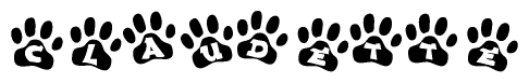 The image shows a series of animal paw prints arranged in a horizontal line. Each paw print contains a letter, and together they spell out the word Claudette.