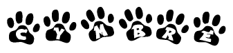 The image shows a series of animal paw prints arranged horizontally. Within each paw print, there's a letter; together they spell Cymbre