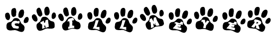 The image shows a series of animal paw prints arranged horizontally. Within each paw print, there's a letter; together they spell Chillmeyer