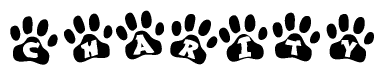 The image shows a row of animal paw prints, each containing a letter. The letters spell out the word Charity within the paw prints.