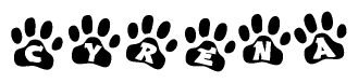 The image shows a series of animal paw prints arranged horizontally. Within each paw print, there's a letter; together they spell Cyrena