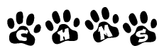 The image shows a series of animal paw prints arranged horizontally. Within each paw print, there's a letter; together they spell Chms