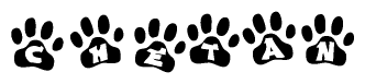 The image shows a series of animal paw prints arranged in a horizontal line. Each paw print contains a letter, and together they spell out the word Chetan.