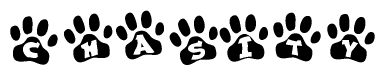 The image shows a series of animal paw prints arranged in a horizontal line. Each paw print contains a letter, and together they spell out the word Chasity.