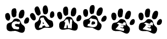 The image shows a series of animal paw prints arranged in a horizontal line. Each paw print contains a letter, and together they spell out the word Candee.