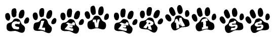 The image shows a row of animal paw prints, each containing a letter. The letters spell out the word Clevermiss within the paw prints.