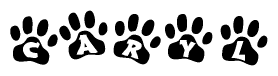 The image shows a series of animal paw prints arranged horizontally. Within each paw print, there's a letter; together they spell Caryl