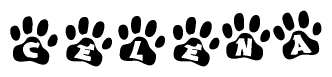 The image shows a series of animal paw prints arranged horizontally. Within each paw print, there's a letter; together they spell Celena