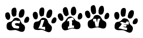 The image shows a series of animal paw prints arranged in a horizontal line. Each paw print contains a letter, and together they spell out the word Clive.