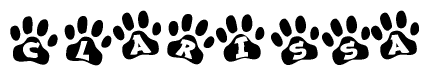 The image shows a row of animal paw prints, each containing a letter. The letters spell out the word Clarissa within the paw prints.