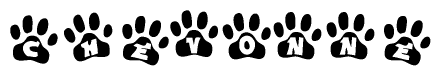 The image shows a series of animal paw prints arranged horizontally. Within each paw print, there's a letter; together they spell Chevonne