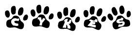 The image shows a series of animal paw prints arranged horizontally. Within each paw print, there's a letter; together they spell Cykes