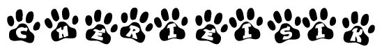 The image shows a series of animal paw prints arranged in a horizontal line. Each paw print contains a letter, and together they spell out the word Cherieisik.