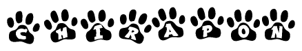 The image shows a row of animal paw prints, each containing a letter. The letters spell out the word Chirapon within the paw prints.