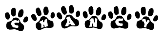 The image shows a row of animal paw prints, each containing a letter. The letters spell out the word Chancy within the paw prints.