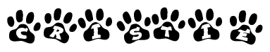 The image shows a series of animal paw prints arranged in a horizontal line. Each paw print contains a letter, and together they spell out the word Cristie.