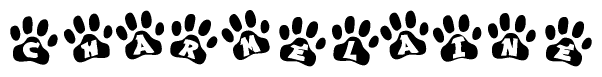 The image shows a row of animal paw prints, each containing a letter. The letters spell out the word Charmelaine within the paw prints.