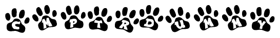The image shows a series of animal paw prints arranged horizontally. Within each paw print, there's a letter; together they spell Cmptrdummy