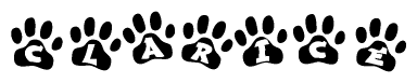 The image shows a series of animal paw prints arranged in a horizontal line. Each paw print contains a letter, and together they spell out the word Clarice.
