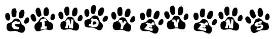 The image shows a series of animal paw prints arranged in a horizontal line. Each paw print contains a letter, and together they spell out the word Cindyevens.